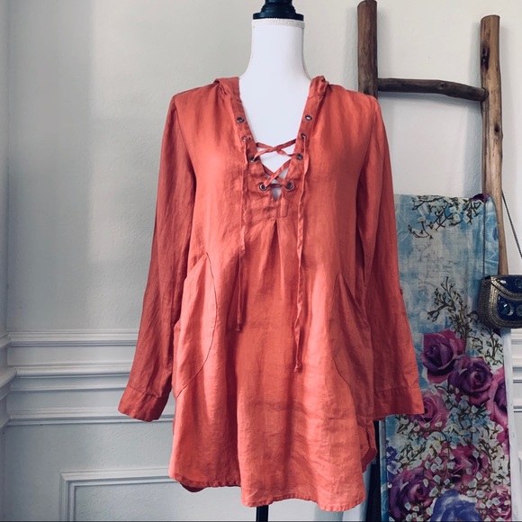 FOR CYNTHY BURNT ORANGE LINEN HOODED TUNIC TOP COVER UP - Picture 9 of 14